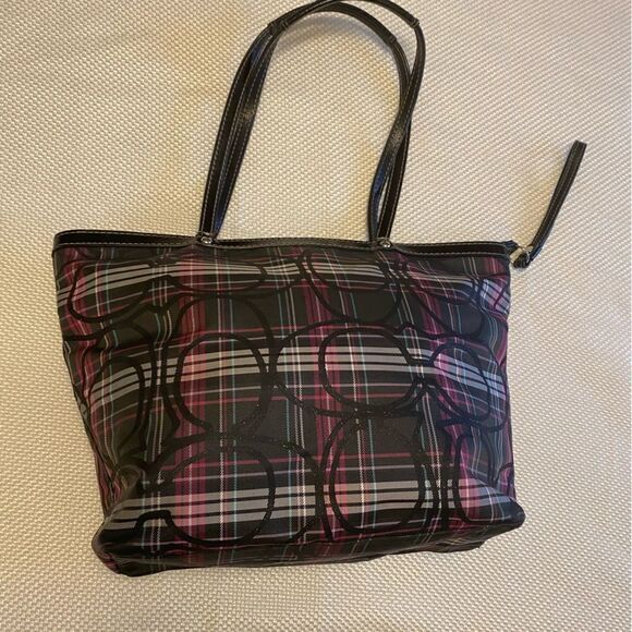 Coach Tartan plaid  tote bag logo glitter leather and canvas designer - Picture 9 of 16